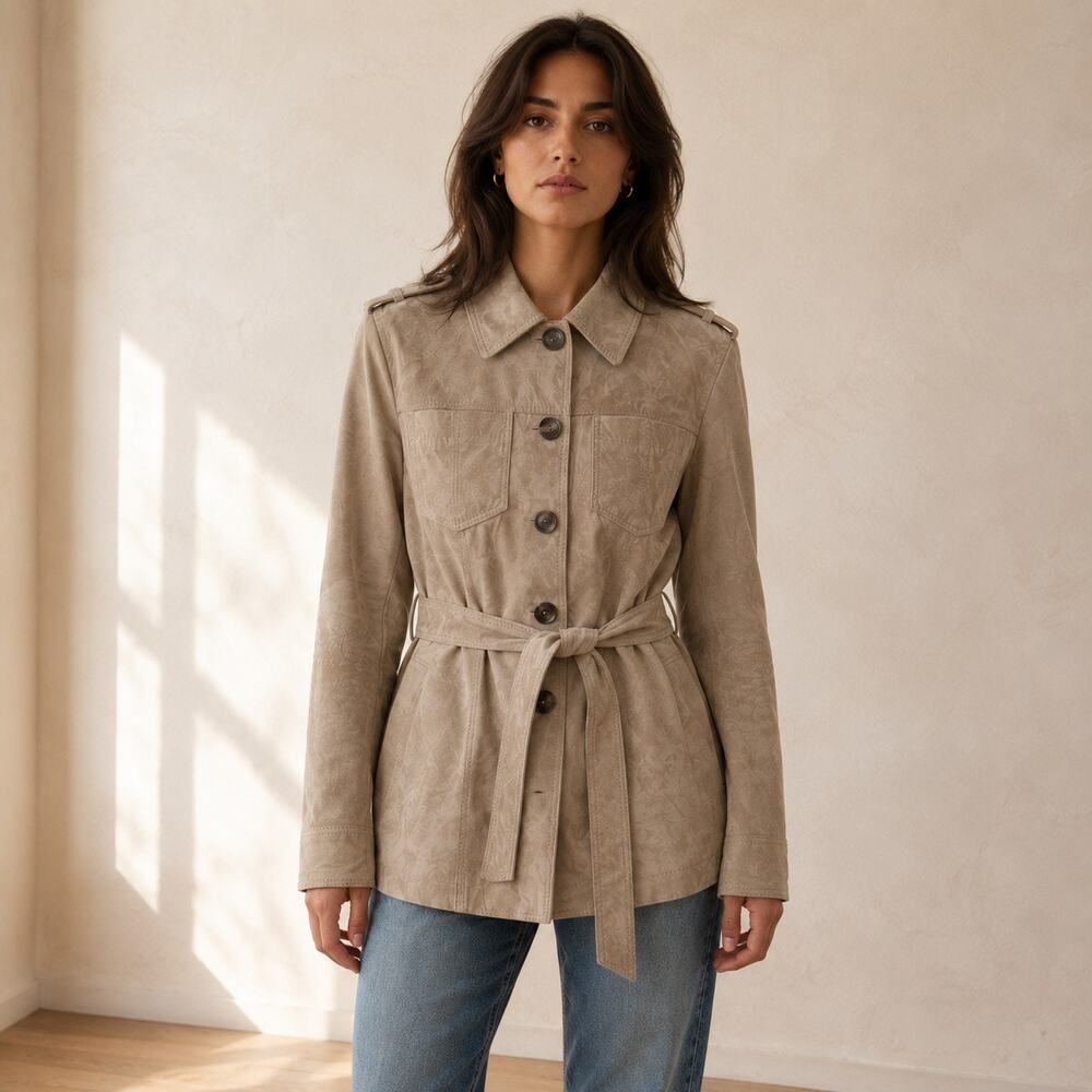 Vintage 90s Liz Claiborne Taupe Genuine Suede Leather Belted Short Trench Jacket